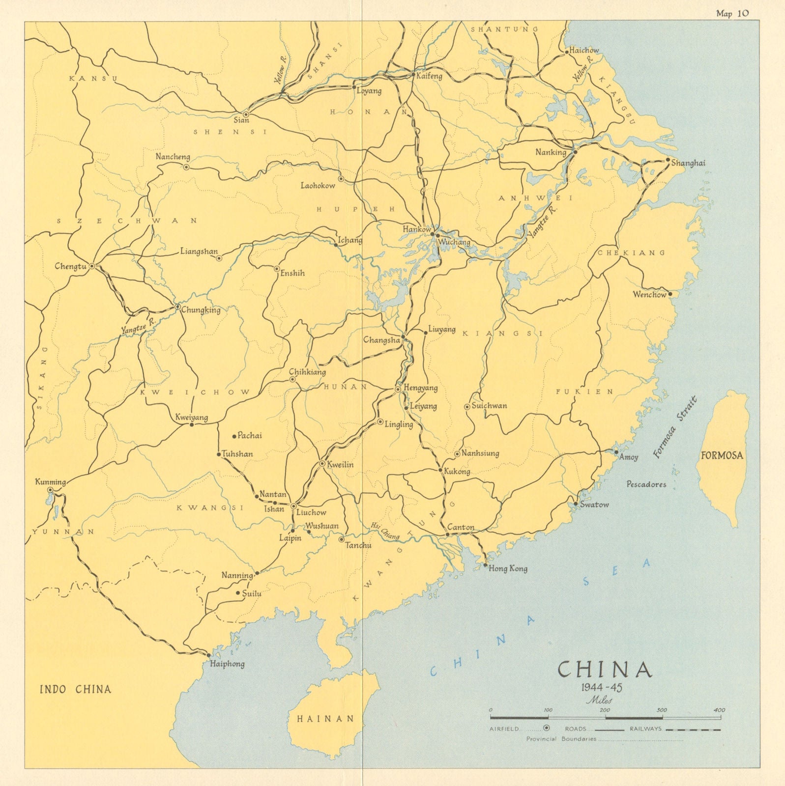 China 1944-45. World War 2. Airfields roads railways 1965 old vintage map